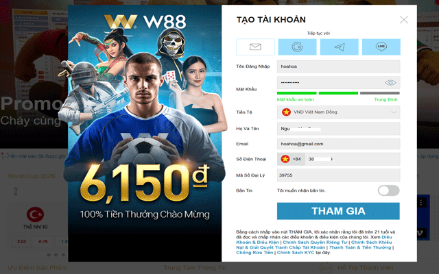 Điền thông tin đăng ký W88
