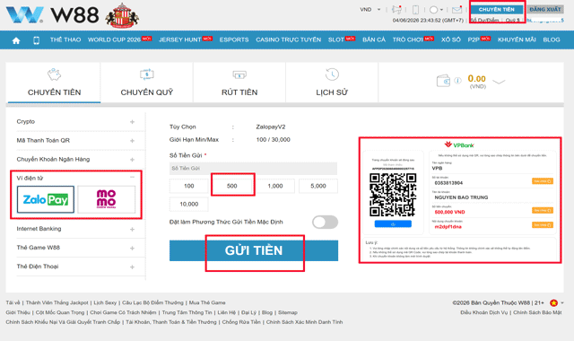 Gửi tiền vào W88 bằng Ví Điện Tử