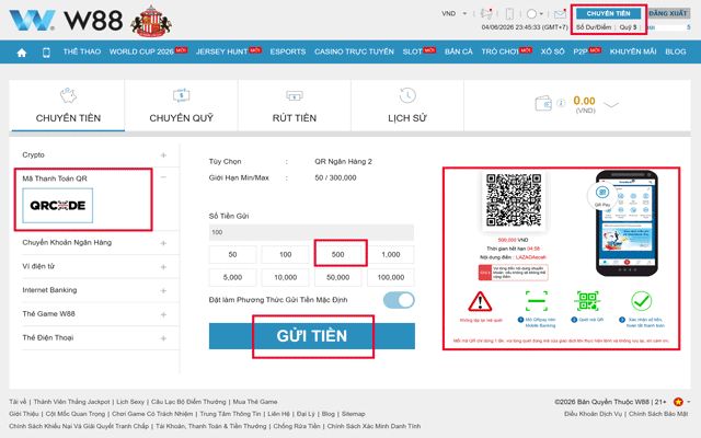Nạp tiền W88 qua mã QR